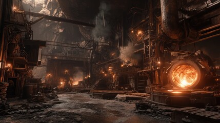 Industrial Foundry with Molten Metal and Smoke