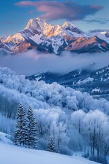 Snow-covered trees and serene mountain peaks illuminated by golden sunlight amidst misty clouds at sunrise in a tranquil alpine winter landscape