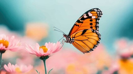Obraz premium Vibrant Orange Butterfly on Delicate Pink Flower
