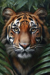 Obraz premium Tiger in lush jungle foliage, sharp focus on face, vivid green surroundings, watchful gaze