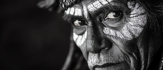 Tribal elder with intricate face paint and traditional headgear, intense closeup portrait