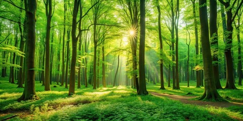 Obraz premium Sunlight Filtering Through A Lush Forest Canopy, Casting A Golden Glow On The Forest Floor