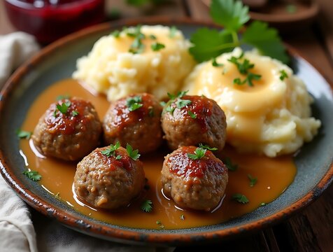 Swedish Meatballs with Cream Sauce and Lingonberry Jam in a Classic Style