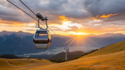 Cable Car Suspended in Mid Air at Sunset