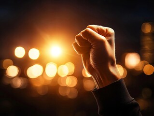 Fist raised in triumph against a glowing background