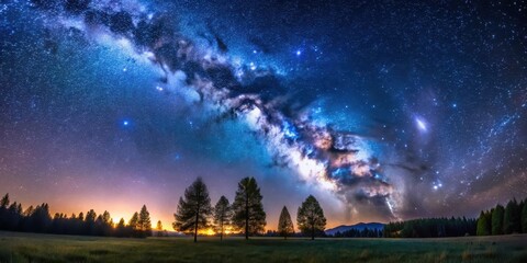 Obraz premium The Milky Way Arcs Over a Field of Trees and Grass, Illuminated by a Distant Sunset