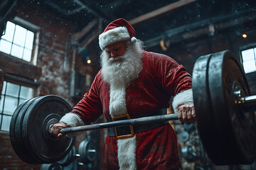 Santa Claus lifting weights in a festive outdoor gym, promoting holiday discounts on sports equipment and fitness gear.
