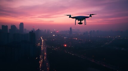 Drone gliding along the skyline at twilight hypermaximalist advertising photography hyper realistic fine detail