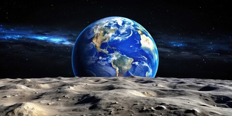 A distant view of a blue planet rising over a desolate lunar landscape, illuminating the cosmos with its brilliance