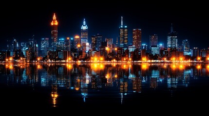 Fototapeta premium Vibrant city skyline reflection at night, dramatic lighting.