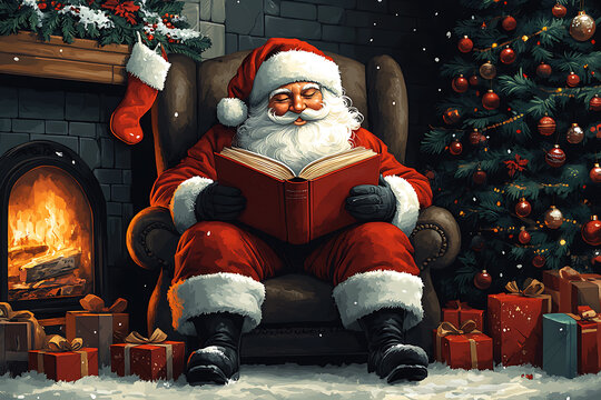 Santa Claus reading a book by the Christmas tree, ideal for holiday promotions in bookstores or for book gift ideas.
