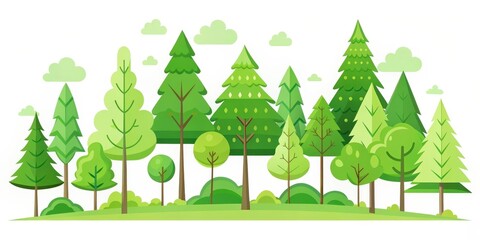 A stylized depiction of a woodland scene with a variety of green trees and clouds against a white backdrop