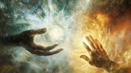 Abstract Art: Hands Reaching Through Cosmic Clouds