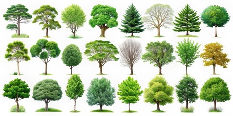 Fototapeta premium A Collection of 24 Detailed Drawings of Various Trees, Including Deciduous, Coniferous, and Evergreen Species, Isolated Against a White Background.