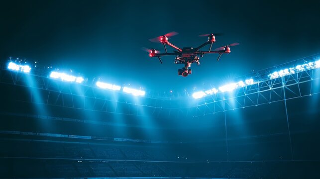 Drone hovering above stadiums filled with bright lights hypermaximalist advertising photography hyper realistic fine detail