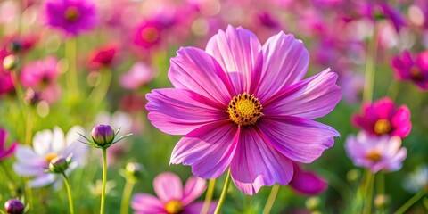 Obraz premium A single pink cosmos flower in full bloom, with delicate petals and a bright yellow center, stands out against a background of blurred pink cosmos flowers and green foliage.