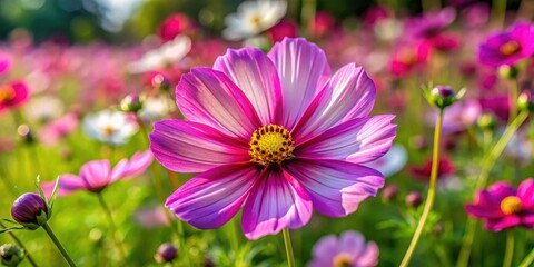 A Single Cosmos Flower in a Field of Pink and White Blooms, Softly Lit by the Golden Hour Sun
