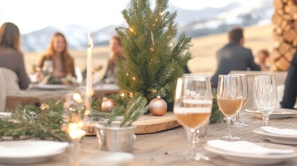 Christmas party in a cozy mountain lodge rustic tree with homemade ornaments