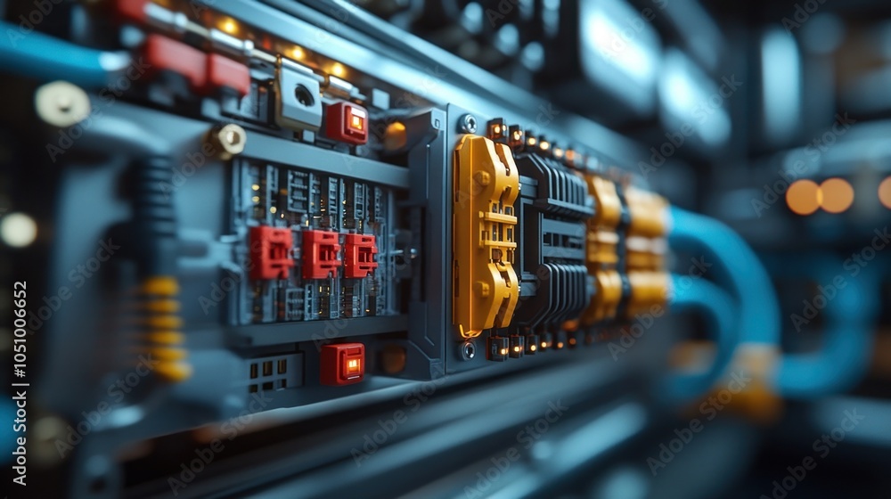 Poster close-up of a server rack with electrical components and connections.