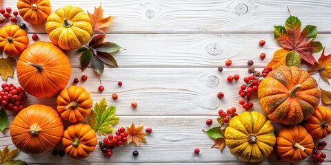 Obraz premium A Festive Fall Arrangement with Pumpkins, Berries, and Leaves on a White Wooden Background