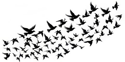 Obraz premium A flock of birds in flight, their silhouettes creating a dynamic pattern against a white background.