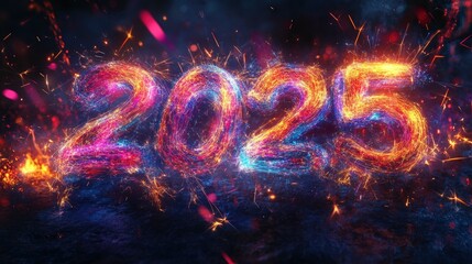the number "2025" in vibrant colours with sparks on a dark background, ai