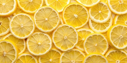 Obraz premium A vibrant citrus pattern featuring multiple lemon slices arranged in a random order, creating a visually stimulating display of natural beauty and refreshing hues.