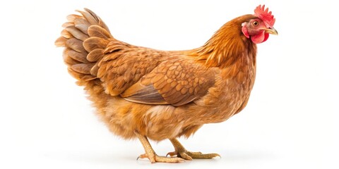 Fototapeta premium A fluffy brown hen with a red wattle and comb stands on a white background, showcasing the intricate detail of its feathers