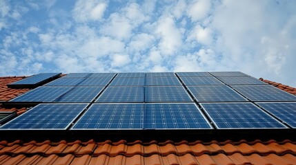 Solar Panels on Rooftop Under Blue Sky