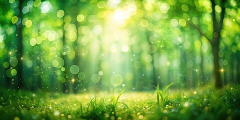 Obraz premium A Dreamy Enchantment of Sunlit Forest with Glimmering Dust Particles and a Lush Green Groundcover