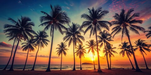 Naklejka premium Silhouettes of Palm Trees Standing Tall Against a Vibrant Sunset Sky on a Tropical Beach