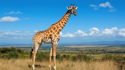 Fototapeta premium Giraffe Curiously Looks at the Camera in Nature