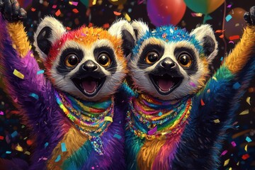 Colorful Lemurs Celebrating with Confetti and Balloons at a Festive Party