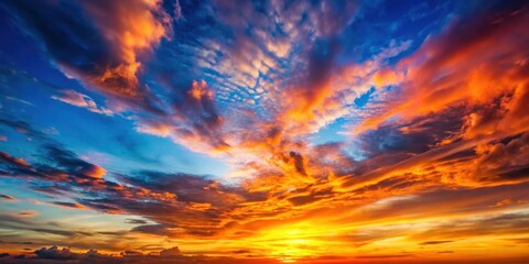 Fototapeta premium A vibrant and fiery sunset sky with an abundance of clouds casting a warm glow over the horizon.