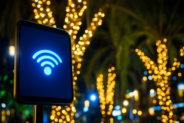 Wi-Fi signal icon against festive lights at night.