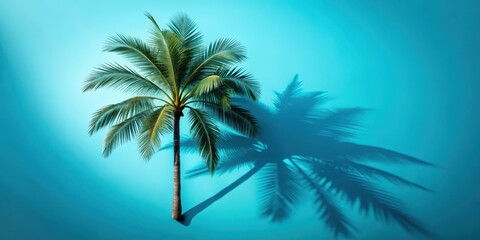 Obraz premium A solitary palm tree stands tall against a vibrant blue backdrop, its silhouette casting a delicate shadow that mimics the tree's graceful form.