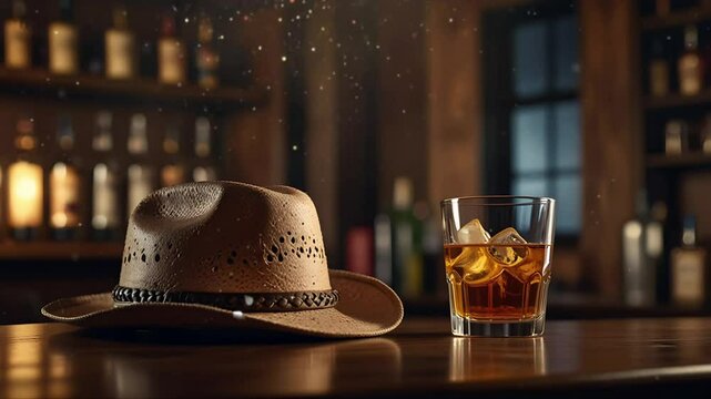A cowboy hat and a glass of beer on the bar table. Seamless 4K looping timelapse video animation background