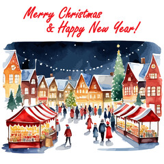 Watercolor illustration of a festive Christmas market with colorful stalls, joyful people. Vector illustration capturing the warm spirit of the holiday season drawing by hand Christmas design