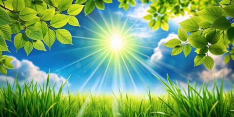 Obraz premium A radiant sun casts its golden rays through a canopy of vibrant green leaves, illuminating a verdant meadow and a sky adorned with fluffy white clouds.