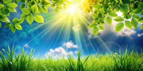 Obraz premium A sunbeam pierces through the canopy of lush green leaves, illuminating a field of verdant grass and creating a radiant backdrop