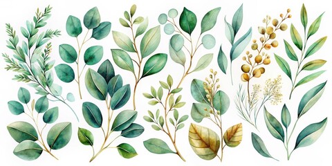 A Collection of Watercolor-Painted Botanical Elements Featuring Delicate Green Leaves, Elegant Stems, and Ornate Golden Berries