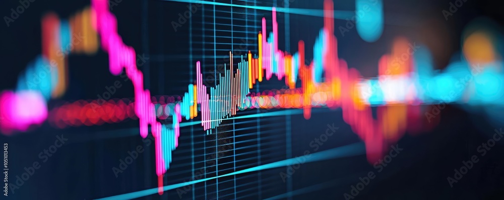 Poster close-up view of colorful stock market data visualization on a screen