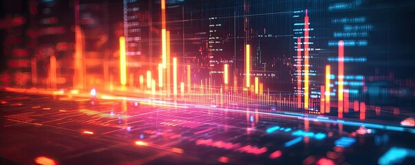 Fototapeta premium Abstract data visualization with glowing charts and graphs on dark background.