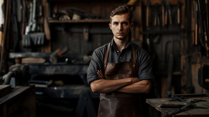 Obraz premium Young Man Blacksmith in Workshop Wearing Leather Apron