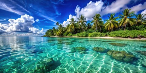 Obraz premium A pristine tropical beach with clear blue water, palm trees lining the shore, and fluffy white clouds in a vibrant sky.