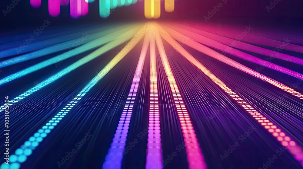 Poster abstract colorful sound wave patterns with a glowing effect, vibrant background.