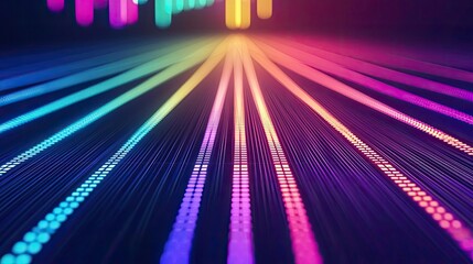 Abstract colorful sound wave patterns with a glowing effect, vibrant background.