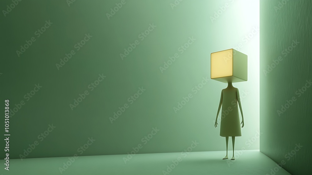 Poster child with glowing cube instead of head in surreal scene