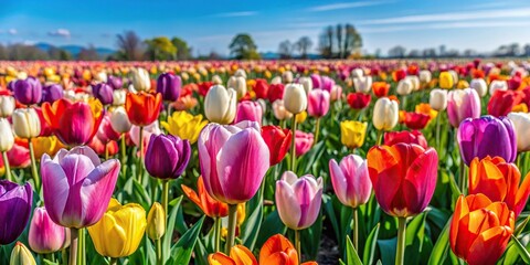 Vibrant image of colorful tulips in a blooming field