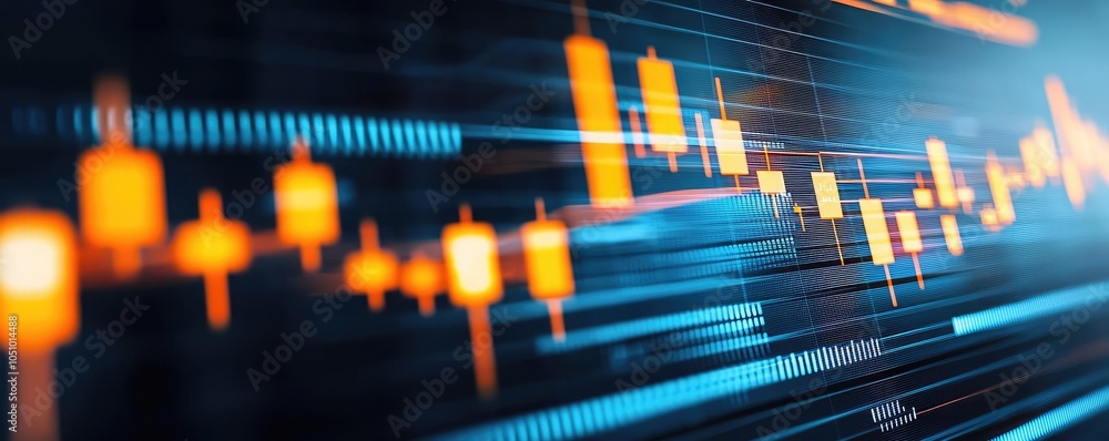 Poster abstract financial chart with glowing candlestick and line data on digital background.